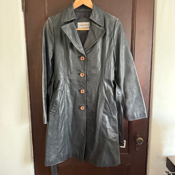 80s Vintage Emotion Dark Gray Leather Trench Coat with Belt | Small Retro - Picture 3 of 10